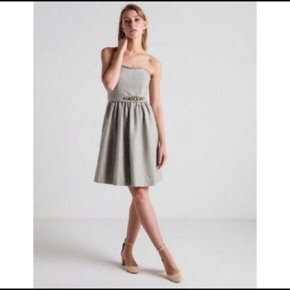 Banana Republic Sz. 10 Petite Light Grey Wool Strapless Dress W/ Rhinestones NWT